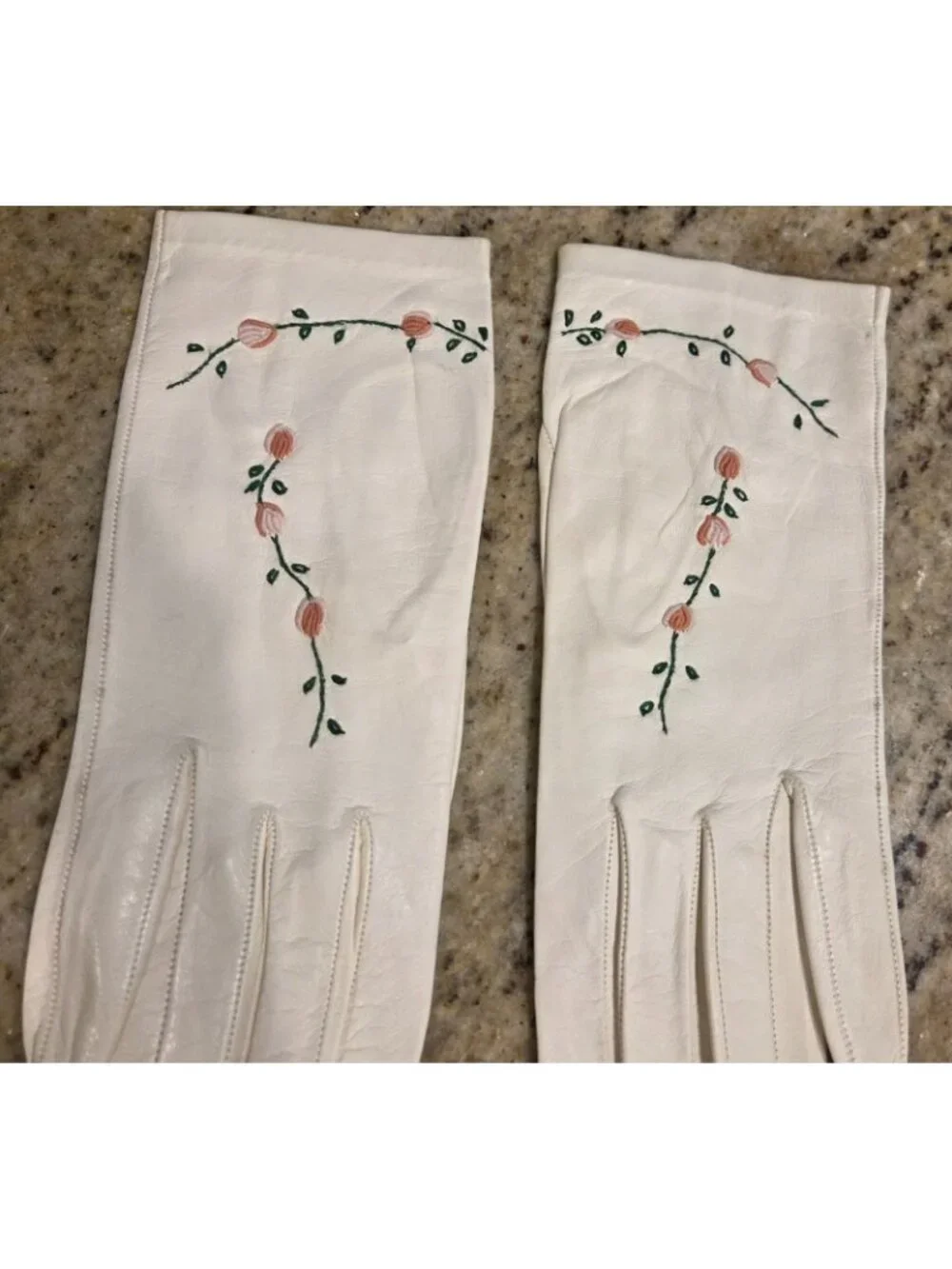 Vintage Womens Size S Off-White Soft Leather Formal Peach Flower Embroidered...